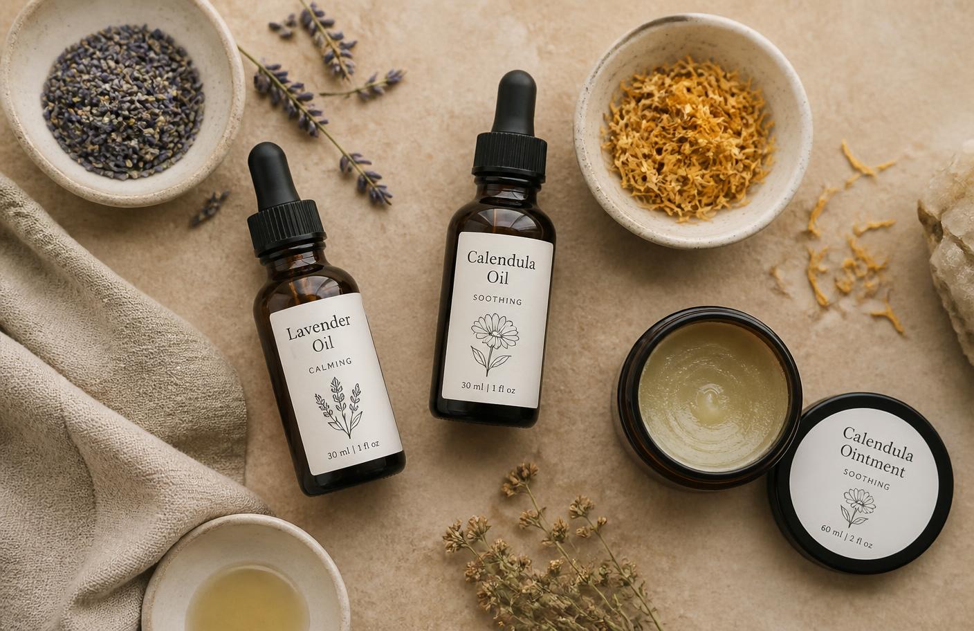 Aceites naturales de lavanda y caléndula y ungüento de la línea JM